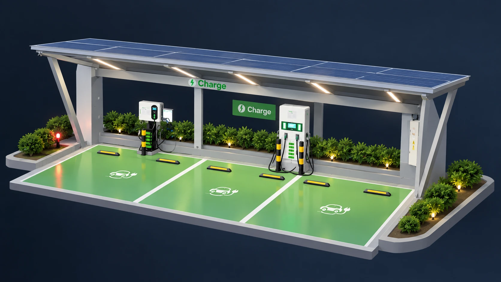 Projeto 3D de uma estação de recarga com cobertura solar e vagas sinalizadas